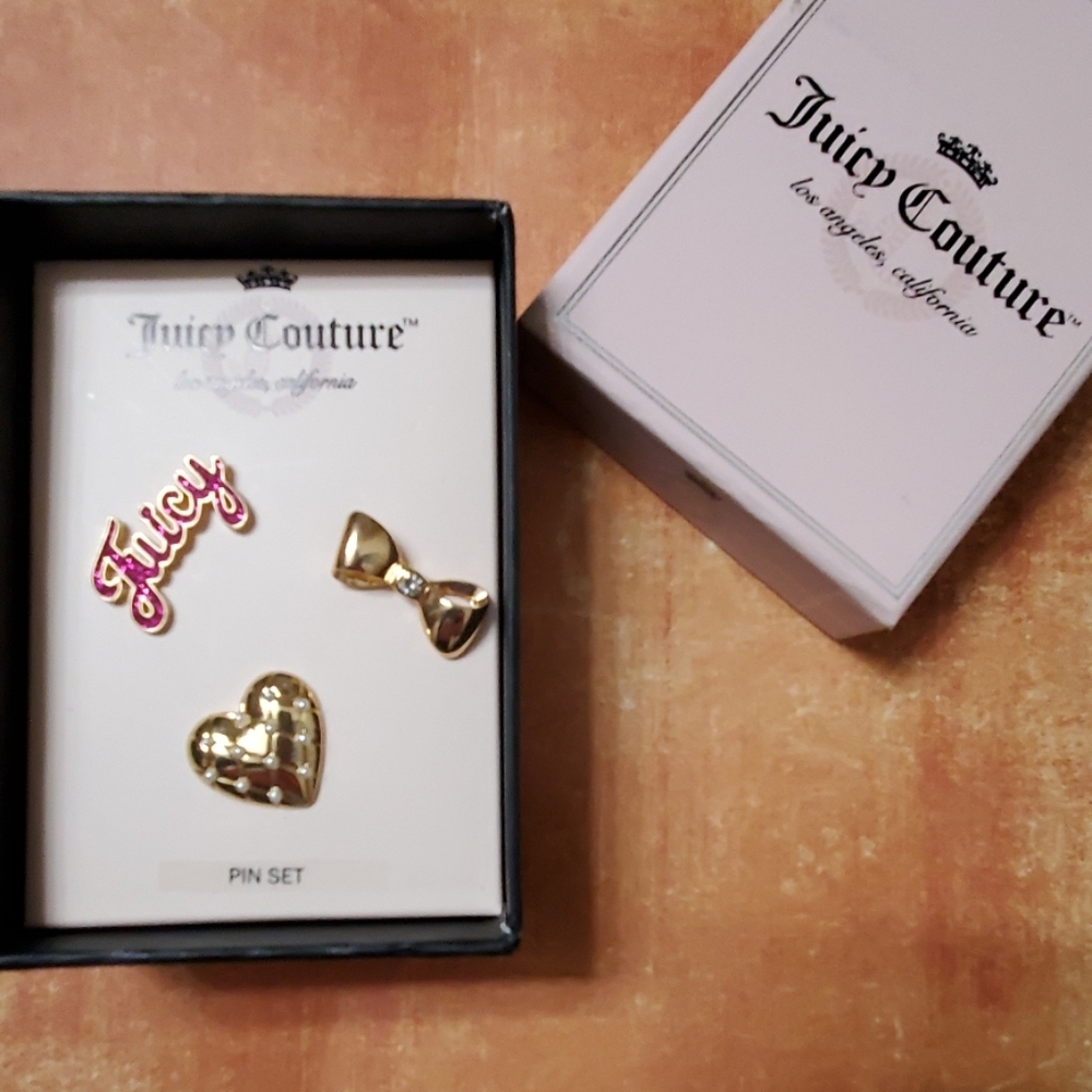 NWT Juicy Couture Pin Set Gold Heart Bow Tie Pink